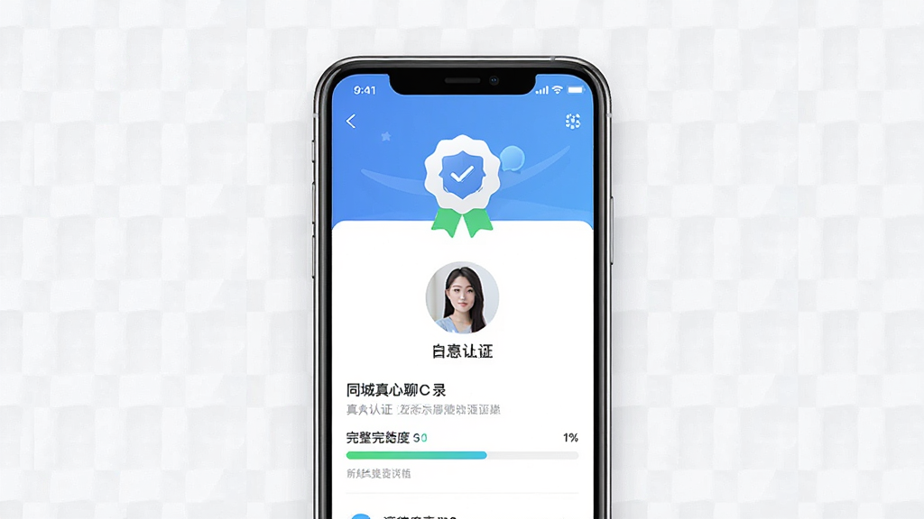 一张同城真心聊真人认证标识展示图,主体为手机屏幕显示个人主页与认证徽章,布局居中,排版对称,风格专业,细节包含认证图标、用户头像、资料完整度进度条,画质高清,干净,无多余元素
