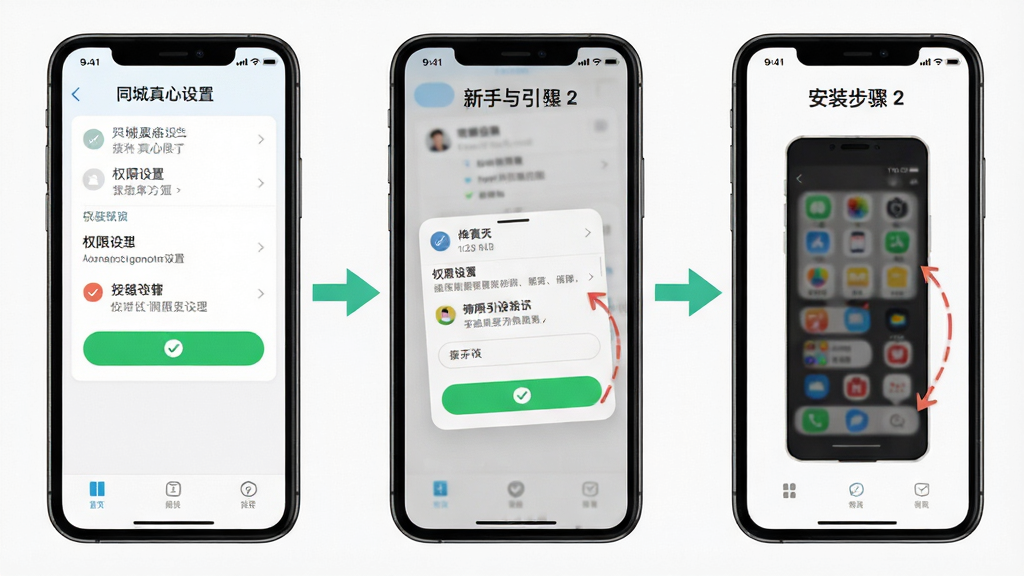 一张同城真心聊新手操作引导图,主体为手机屏幕显示权限设置与安装步骤,布局分步展示,排版清晰,风格简洁,细节包含勾选按钮、箭头指示,画质高清,干净,无多余元素