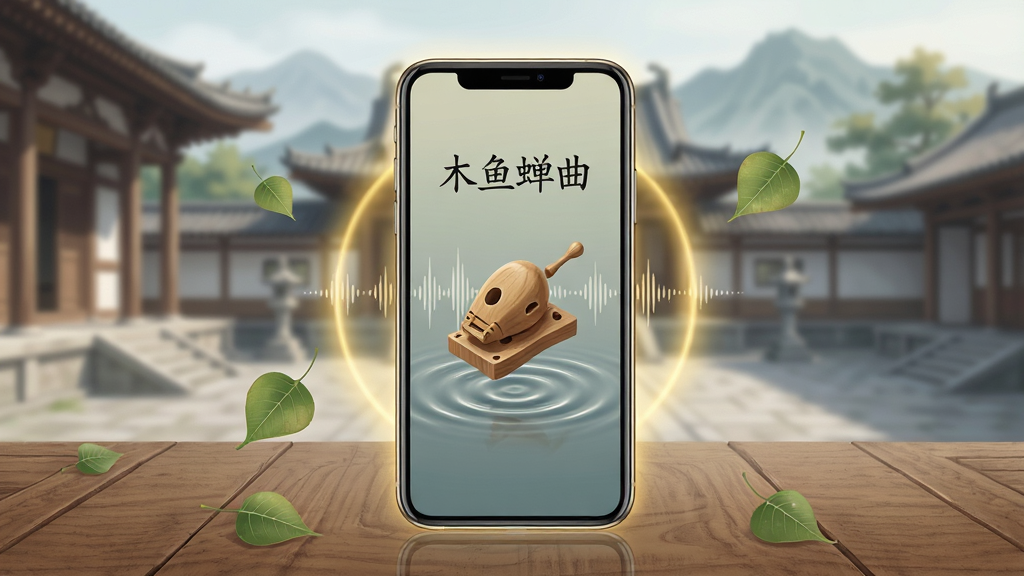 一幅禅意风格的数字插画,画面主体为一部智能手机放置在木质桌面上,手机屏幕显示着“木鱼蝉曲”应用界面,界面中有木鱼图案和声波涟漪,周围环绕着淡淡的金色光晕与飘落的菩提叶,背景是虚化的古寺庭院与远山,布局采用中心对称构图,风格为清新简约的东方禅意风,细节包括木纹质感、柔和光影、手机边缘的微光反射,画质高清,干净,无多余元素