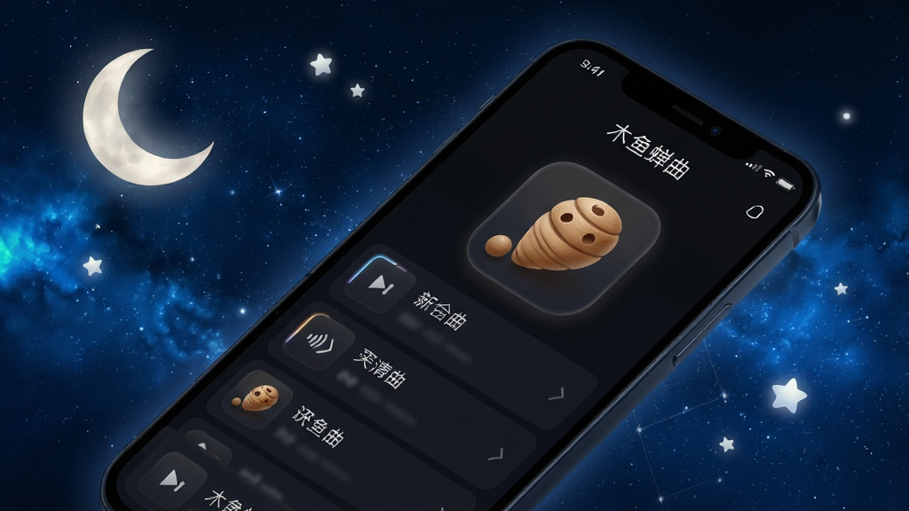 一幅展示“木鱼蝉曲”应用深色护眼模式界面的图片,手机屏幕显示深色背景下的音频列表和木鱼图标,周围有柔和的月光和星星点缀,布局为手机斜放,背景是深蓝色夜空,风格宁静唯美,细节包括屏幕的微光、图标的柔和轮廓、背景的星云纹理,画质高清,干净,无多余元素