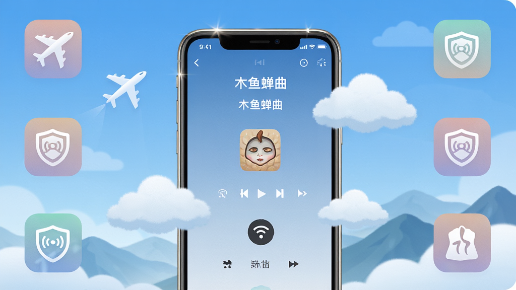 一张展示手机在飞行模式下使用“木鱼蝉曲”的图片,画面中手机屏幕显示离线播放列表,周围有飞机、云朵和信号屏蔽的图标元素,背景是蓝天与远山,布局为手机居中,四周环绕功能图标,风格扁平化插画风,细节包括手机边框的金属光泽、图标色彩的柔和过渡、云朵的蓬松质感,画质高清,干净,无多余元素