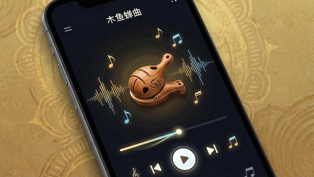 一张展示手机音乐播放界面的图片,界面中“木鱼蝉曲”应用正播放着木鱼敲击音,屏幕中央有一个精致的木鱼图标,周围环绕着声波可视化图形和飘动的音符,背景是深色禅意风格,带有淡淡的金色纹理,布局简洁明了,风格现代且富有科技感与禅意结合,细节包括按钮的微光效果、进度条的流光、木鱼纹理的细腻刻画,画质高清,干净,无多余元素