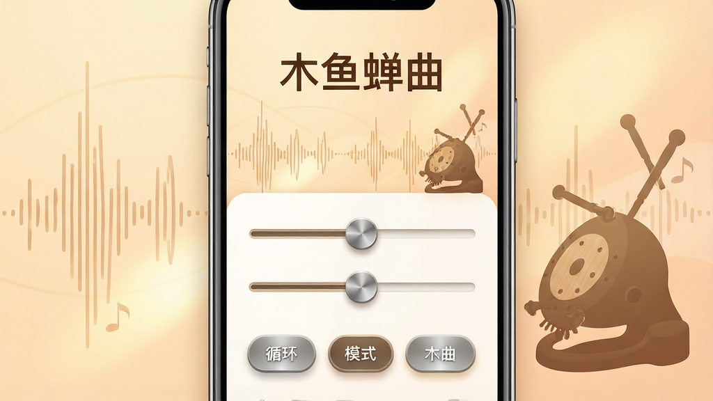 一幅展示“木鱼蝉曲”应用内节奏调节界面的图片,画面中手机屏幕显示着节奏滑块和循环模式选项,背景是柔和的暖色调,周围有抽象的声波线条和木鱼剪影,布局采用上下结构,上方为标题“木鱼蝉曲”,下方为操作区域,风格清新简约,细节包括滑块的金属质感、按钮的圆润造型、背景的渐变光影,画质高清,干净,无多余元素