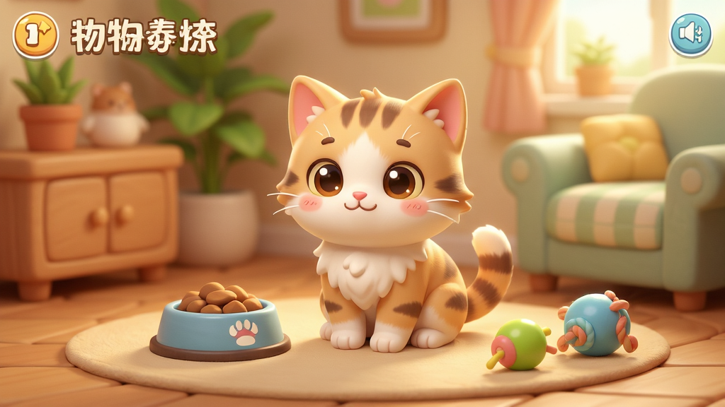 动物养成记 游戏主界面截图 一只可爱的卡通小猫坐在温馨的房间里 周围有食物碗和玩具 暖色调 画面柔和 干净 无多余元素 高清画质