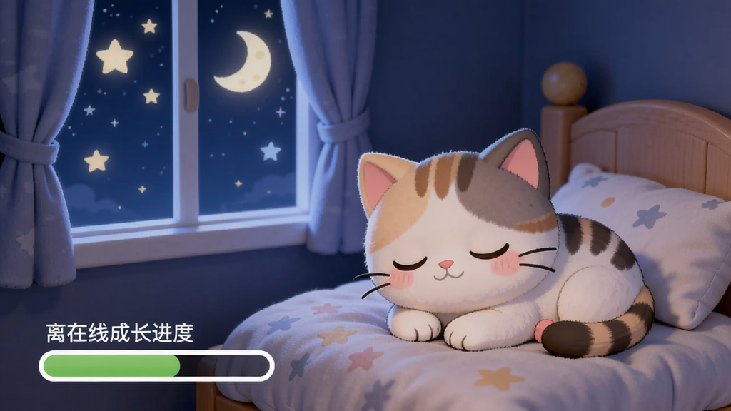 动物养成记 一只卡通小猫在夜晚的房间里安静睡觉 窗外有星星和月亮 旁边显示离线成长进度条 深蓝色调 温馨安静 画面简洁 高清画质