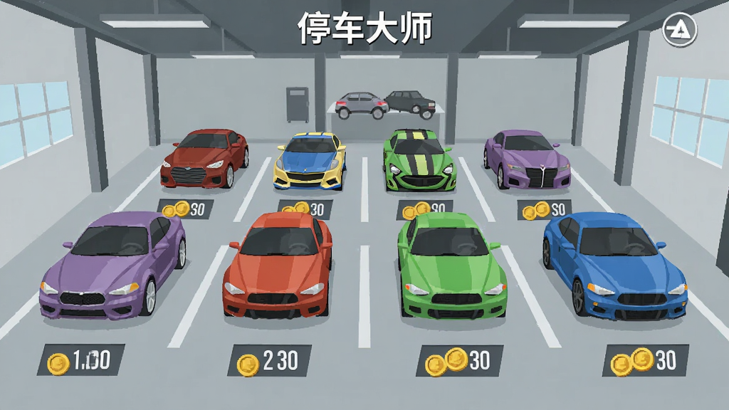 停车大师模拟器车辆选择界面,展示多辆不同颜色和类型的汽车整齐排列在车库中,每辆车下方有解锁所需金币数量,界面风格为现代扁平化设计,画质清晰,干净,无多余元素