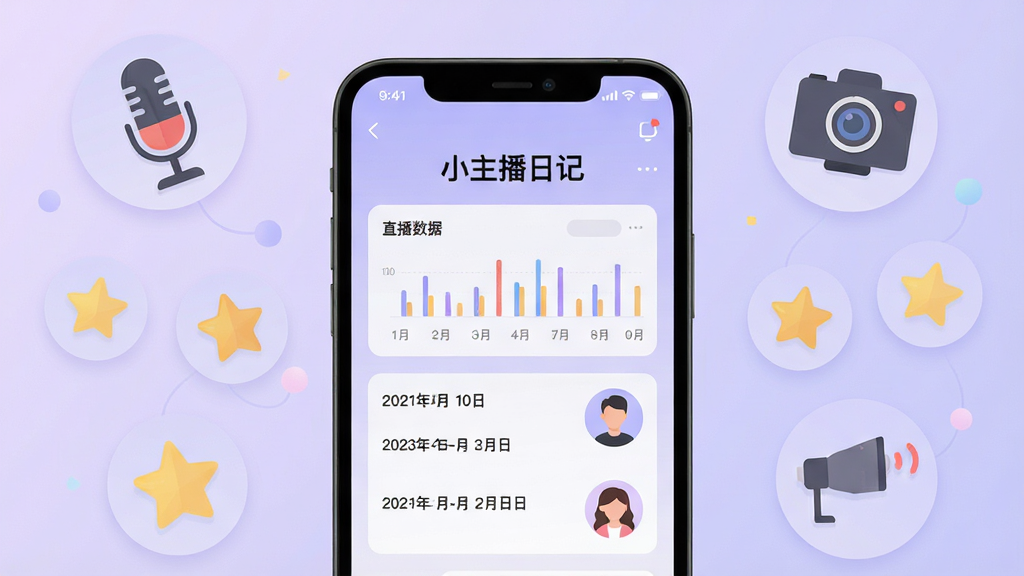 一张展示手机屏幕的图片,屏幕中央显示“小主播日记”应用主界面,界面包含直播数据图表、日期记录和主播头像,背景为浅紫色渐变,周围环绕麦克风、摄像头、星星等直播元素图标,整体风格清新简约,扁平化设计,画质清晰,画面干净,无多余元素