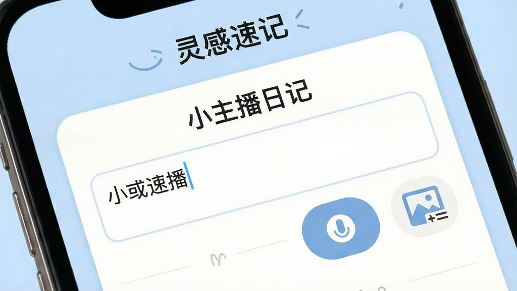 手机屏幕特写,显示“小主播日记”的速记本界面,界面中有文字输入框、语音按钮和图片附件图标,屏幕上方有“灵感速记”字样,背景为淡蓝色,界面简洁清爽,画质干净,无多余装饰