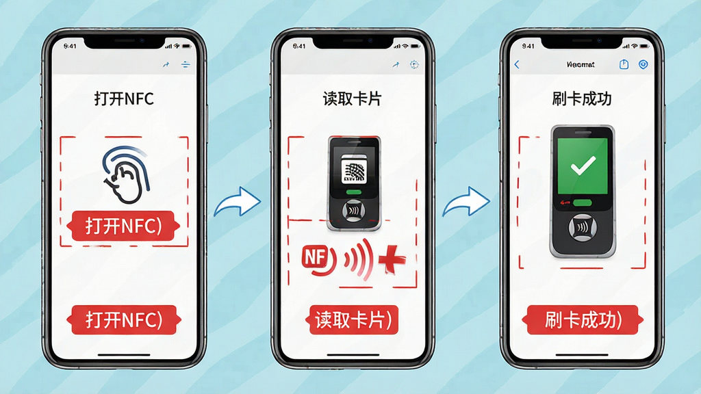 一张展示NFC门禁公交助手使用教程的流程图。主体是手机屏幕截图,屏幕上显示着从“打开NFC”到“读取卡片”再到“刷卡成功”的三个步骤界面。布局上,三张截图从左到右依次排列,中间用箭头连接。排版清晰,风格为教程图解风。细节上,每张截图都有红色标注框和文字说明,画质清晰,干净,无多余元素。