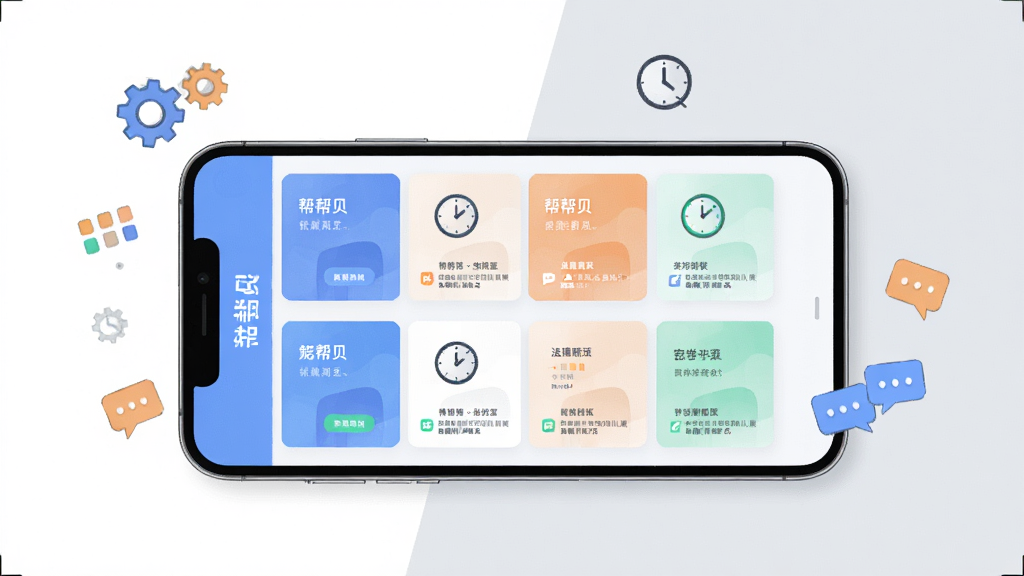 一张软件功能展示图,画面中一部手机横放,屏幕显示“帮帮贝”应用内多个服务卡片整齐排列,周围漂浮着齿轮、时钟、对话气泡等小图标,背景为白色与浅灰色搭配,风格扁平化,画质清晰干净