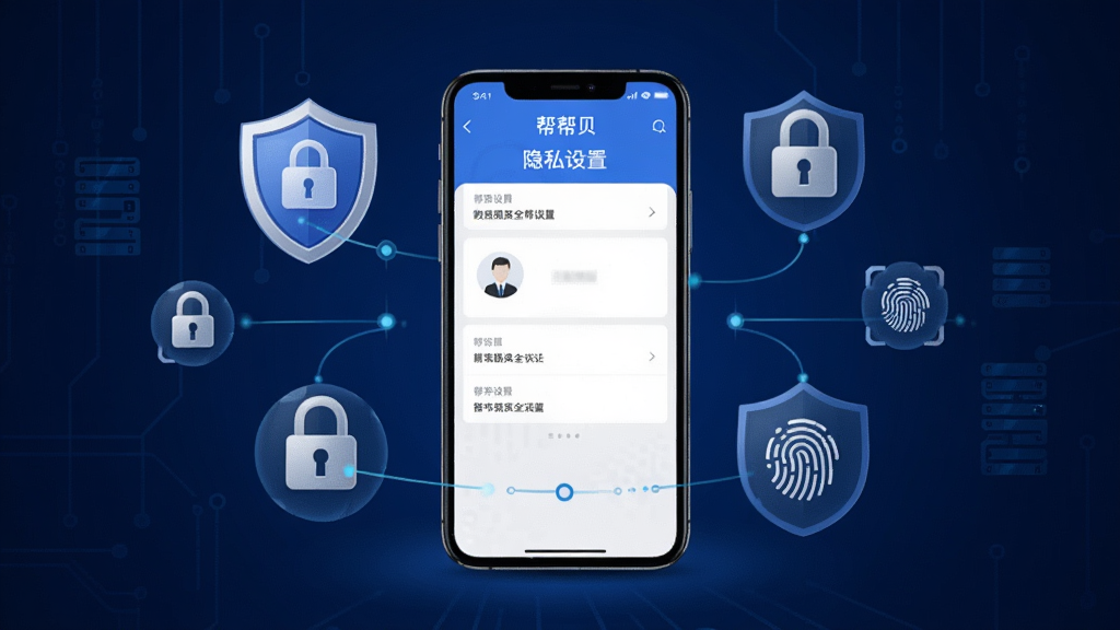 一张数据安全概念图,画面中央是一部手机,手机周围环绕着盾牌、锁头、指纹识别等安全图标,手机屏幕显示“帮帮贝”的隐私设置页面,背景为深蓝色科技感渐变,风格稳重专业,画质干净无多余元素