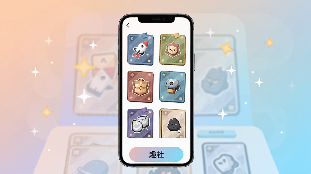 趣卡社抽卡机应用主界面展示,画面中央是手机屏幕,屏幕内显示多款风格各异的卡包整齐排列,背景是柔和渐变色的抽卡台场景,周围点缀星星与光效,排版简洁清晰,风格为现代扁平化插画,细节包含卡包图标、抽卡按钮与卡牌轮廓,画质高清,干净,无多余元素