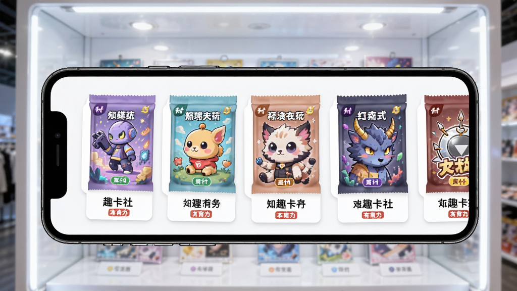 趣卡社抽卡机展示多款主题卡包选择界面,手机屏幕中横向排列着不同封面的卡包,每个卡包带有独特图案与颜色,背景是明亮的展示柜效果,排版采用卡片式布局,风格为清新扁平化,细节包含卡包名称标签与稀有度标识,画质高清,干净,无多余元素