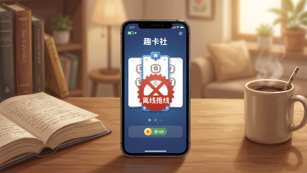 趣卡社抽卡机离线模式使用场景,手机放置在桌面,屏幕显示抽卡界面且带有离线标识,周围有书本与咖啡杯点缀,背景是温馨室内环境,排版以手机为中心,风格为生活化写实插画,细节包含电量图标与流畅度指示,画质高清,干净,无多余元素