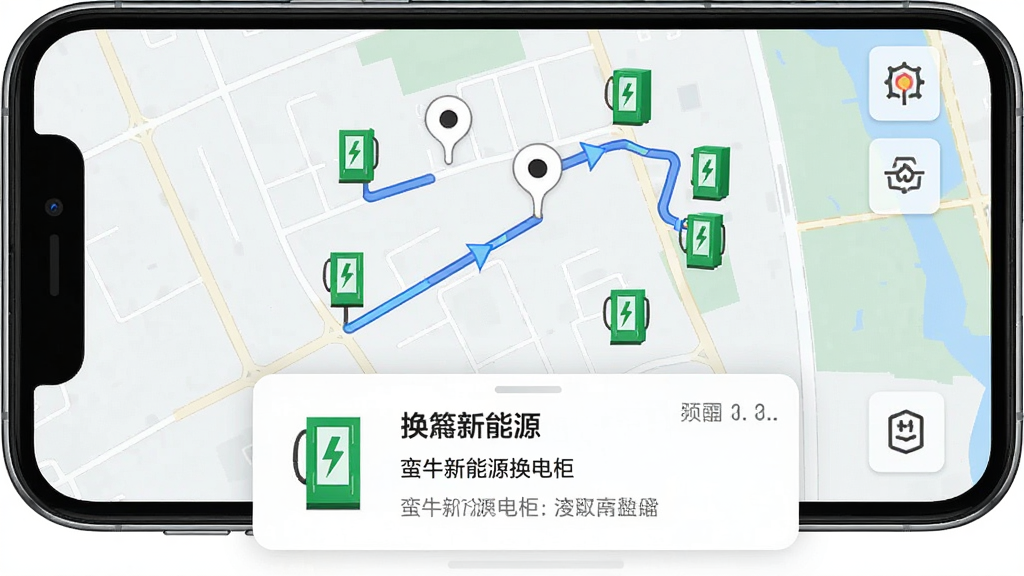 蛮牛新能源换电柜导航界面图,画面展示手机地图上标注多个换电柜位置,布局为地图居中,底部弹出换电柜详情卡片,排版清晰,风格为简洁地图导航风,细节包含