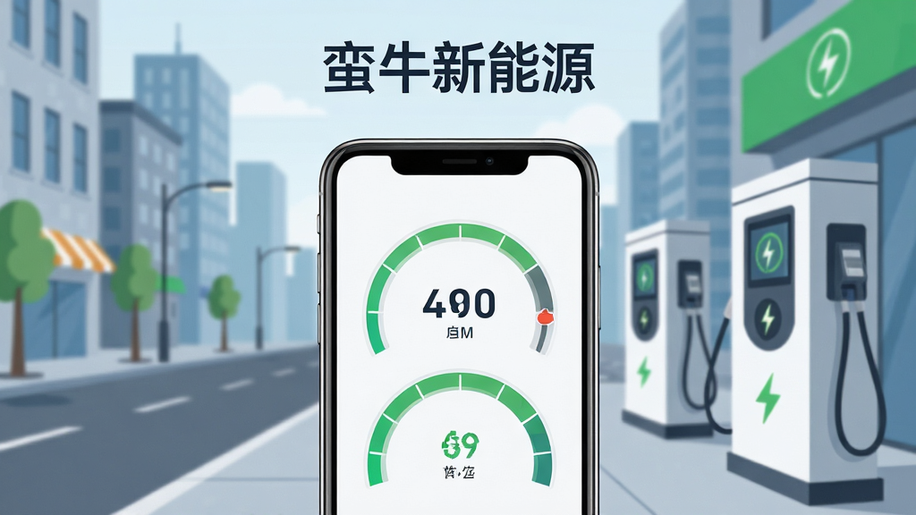 蛮牛新能源App主界面展示图,画面中央是一部智能手机,屏幕显示电池电量百分比与健康状态仪表盘,背景为城市街道与换电柜,布局上手机居中,上方有