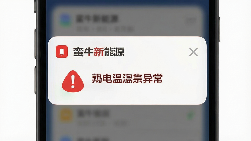 蛮牛新能源安全告警界面图,画面展示手机屏幕弹出红色告警通知,布局为通知卡片居中,排版醒目,风格为安全警示风,细节包含