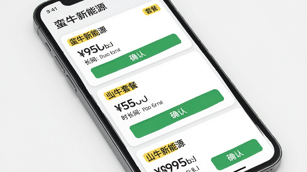 蛮牛新能源租赁套餐选择界面图,画面主体为手机屏幕显示多个套餐卡片,布局为纵向排列,每张卡片包含价格、时长与按钮,排版整齐,风格为清新简约风,细节包含