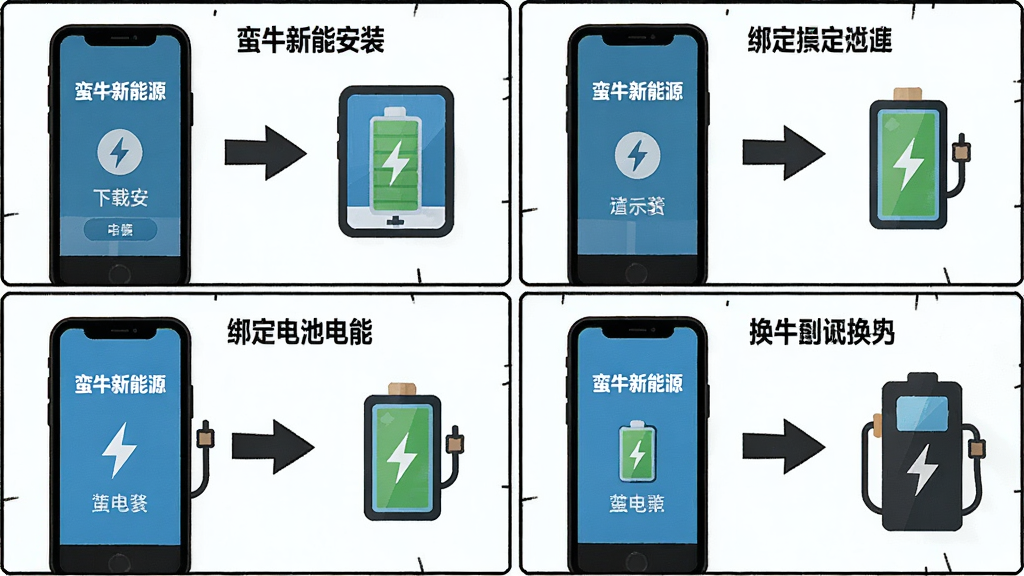 蛮牛新能源App操作流程图,画面展示手机屏幕从下载安装到绑定电池再到换电的步骤分解,布局为四格漫画式排列,排版清晰,风格为扁平化教程风,细节包含