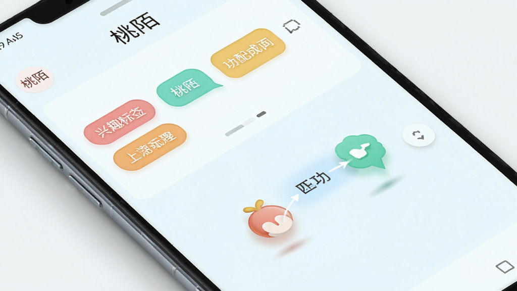 手机屏幕中显示“桃陌”兴趣标签选择页面与匹配动画,画面主体为一部安卓手机,布局采用斜角展示,风格为清新浅色系,细节包括彩色标签气泡、匹配成功的连接动画、柔和阴影,画质高清,干净,无多余元素