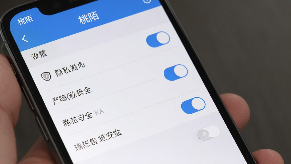 手机展示“桃陌”设置页面中的隐私与安全选项,主体为手机界面特写,布局为竖向排列的开关与选项列表,风格为简洁商务风,细节包括盾牌图标、灰色分割线、蓝色高亮开关,画质高清,干净,无多余元素