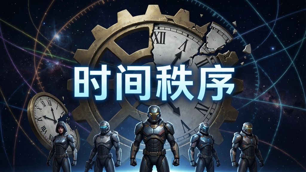 一张科幻风格的游戏宣传图,画面中央是巨大的时间齿轮与破碎的时钟表盘,背景是深邃的宇宙星空与交错的时间线,前景站立着几位身穿未来装甲的角色,风格为硬核科幻数字艺术,细节丰富,画质高清,画面干净无多余元素,图片中央用发光字体写着“时间秩序”
