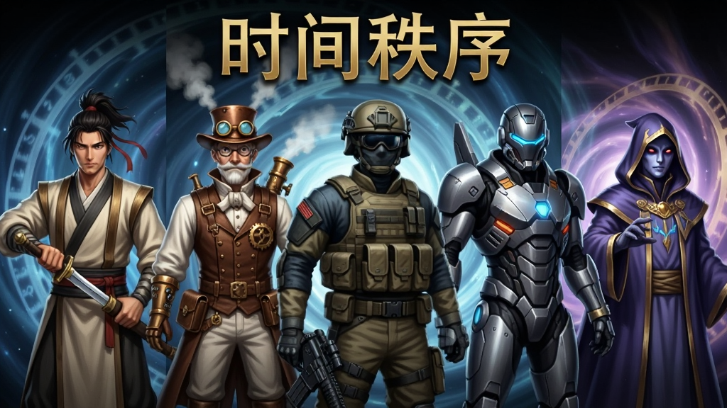 一张游戏角色展示图,画面中从左到右排列着五位不同时代的英雄,分别是古代剑客、蒸汽朋克发明家、现代特种兵、未来机甲战士和神秘时间法师,背景是流动的时间漩涡,风格为二次元与写实结合的科幻风,细节精致,画质高清,图片上方用金色字体写着“时间秩序”