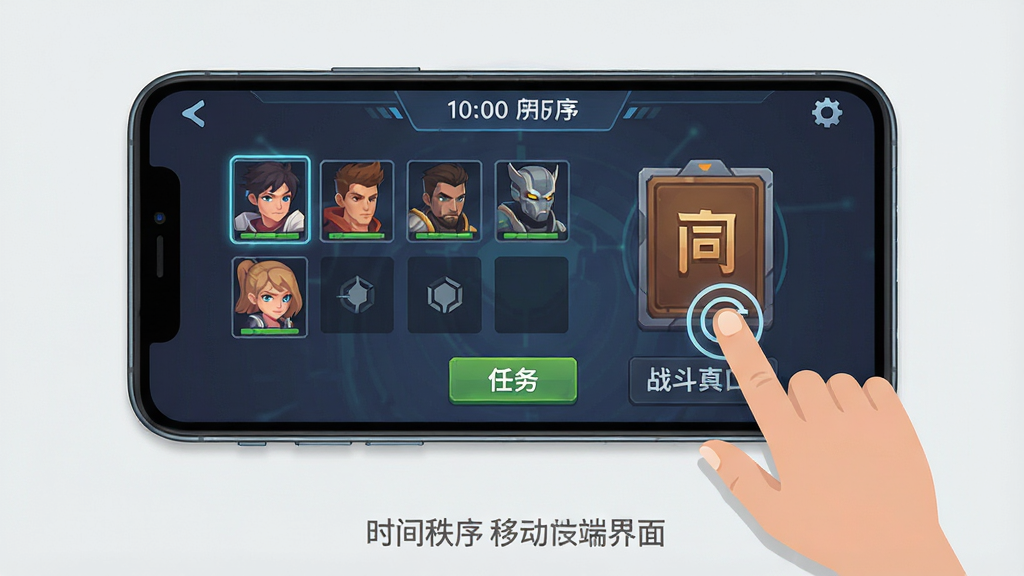 一张手机游戏操作界面示意图,画面中展示了一部智能手机,屏幕上显示时间秩序的游戏主界面,有英雄列表、任务按钮和战斗入口,旁边有手指点击的图标,风格为扁平化科技风,细节清晰,画质干净,图片下方用灰色小字写着“时间秩序 移动端界面”