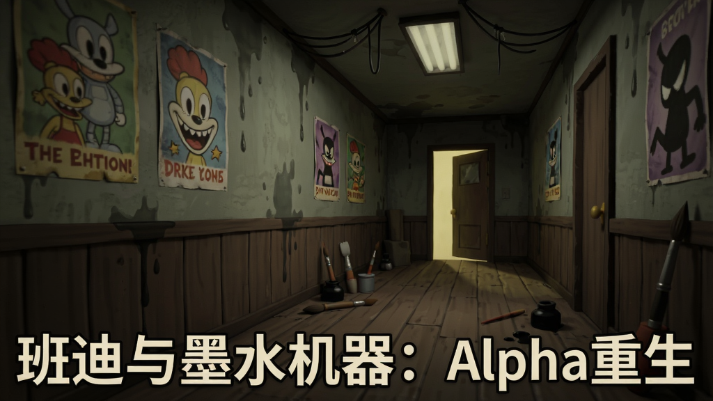 画面中央是一座昏暗的复古动画工作室走廊,墙壁上挂着褪色的卡通海报,地面散落着墨水罐和画笔,远处一扇半开的门透出微弱黄光,主体占据画面中心偏左位置,布局采用纵深透视构图,风格为美式复古恐怖插画,细节包括木地板纹理、墙上斑驳的水渍、天花板垂下的裸露电线,画质高清,干净,无多余元素,画面中打文字