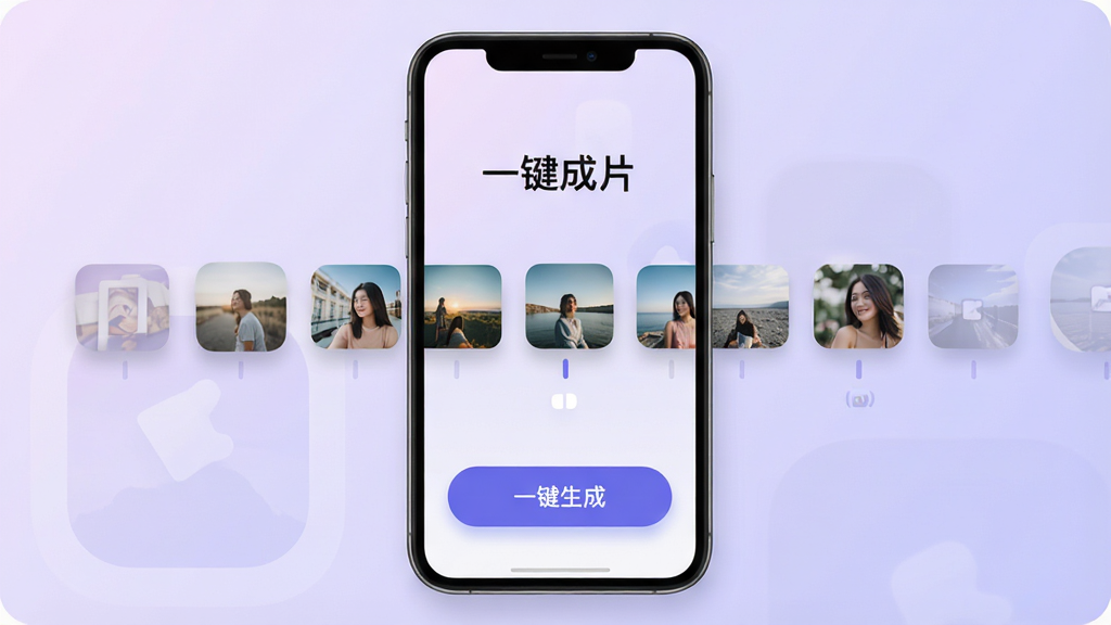 一张展示智能手机屏幕的图片,屏幕中央显示“一键成片”软件界面,界面中有照片素材缩略图排列成时间线,下方有一个醒目的“一键生成”按钮,背景是柔和的浅紫色渐变,整体风格现代简洁,排版居中对齐,细节包括圆角图标、轻微阴影,画质清晰干净,无多余元素