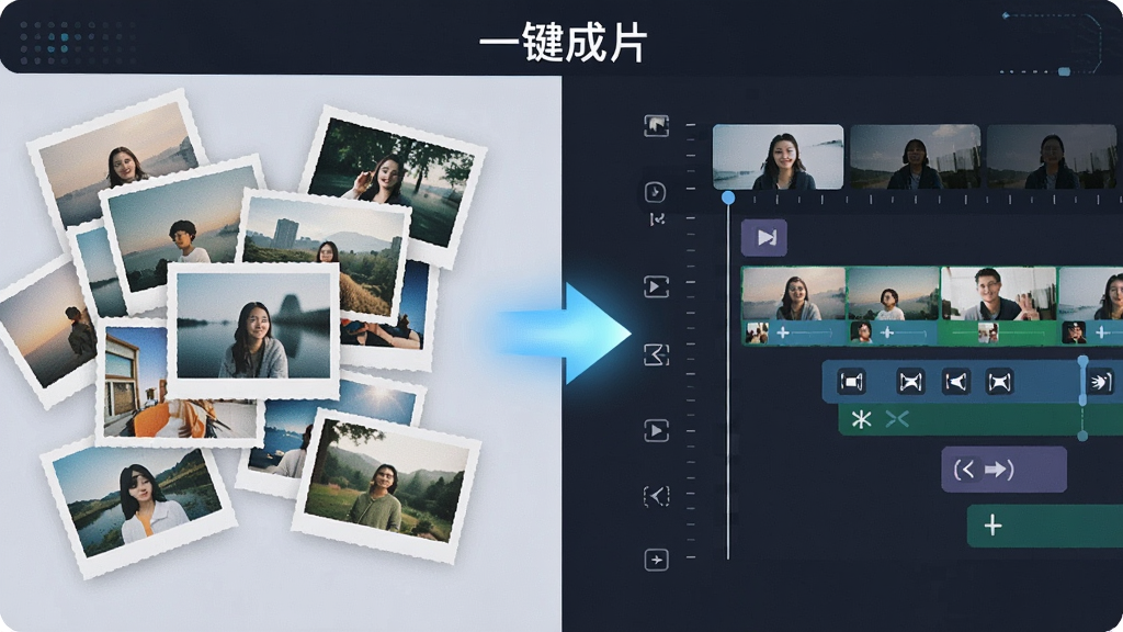 一张展示“一键成片”软件自动编排过程的图片,画面左侧是散乱的照片素材,右侧是已经排列整齐的视频时间线,中间有发光的箭头表示智能处理,整体布局左右对比,风格为扁平化科技感,细节包括照片缩略图、时间刻度、转场图标,画质干净清晰,无多余元素