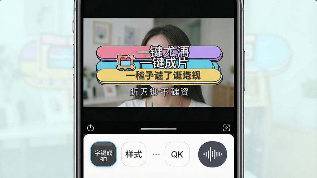 一张展示“一键成片”字幕编辑界面的图片,手机屏幕中视频画面上叠加着彩色字幕条,下方有字幕样式选择栏和语音波形图标,布局为竖屏手机界面,风格清新明快,细节包括圆角按钮、字幕描边效果,画质清晰干净,无多余元素