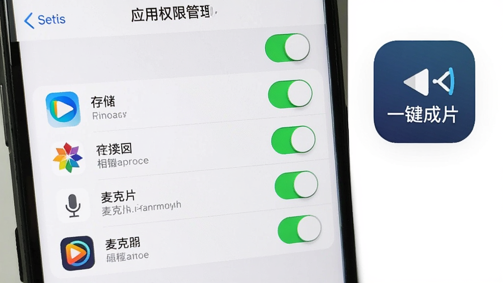 一张展示手机设置界面的图片,屏幕中显示应用权限管理页面,有存储、相册、麦克风等权限开关,旁边有“一键成片”应用图标,布局为设置列表,风格简洁浅色,细节包括开关按钮、应用图标、文字说明,画质清晰干净,无多余元素