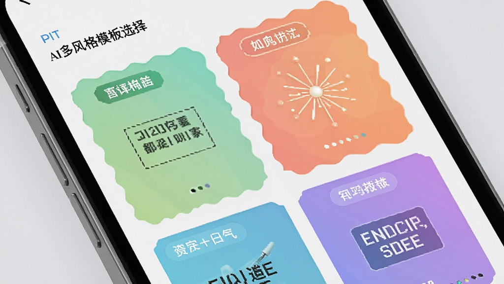 Deep故事推文AI多风格模板选择界面,画面展示手机屏幕内排列着不同颜色的模板卡片,每张卡片上有风格标签和示例文字,背景是柔和的浅灰色,风格清新简洁,画质细腻,干净无多余元素
