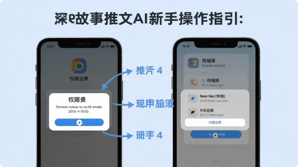 Deep故事推文AI新手操作指引图,画面展示手机屏幕内出现权限设置弹窗和存储选择界面,旁边有箭头标注操作步骤,背景是淡蓝色,风格扁平化,画质清晰,干净整洁