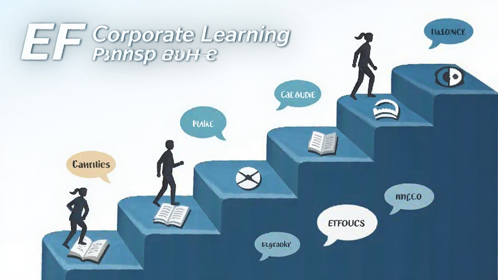一张展示EF Corporate Learning个性化学习路径的图片,主体为一条蜿蜒向上的阶梯状路径,每级台阶上标注不同的英语技能图标,布局为对角线构图,风格为扁平化插画风,细节包括人物剪影在阶梯上攀登、周围环绕着单词气泡,画质清晰,干净,无多余元素