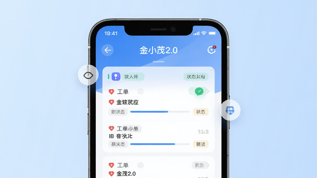 画面中央放置一部智能手机,屏幕上显示“金小茂2.0”应用主界面,界面包含工单列表与状态标签,背景为浅蓝色渐变,布局采用居中对称构图,风格为现代扁平化科技风,细节包含悬浮操作按钮与进度条,画质清晰,干净,无多余元素。