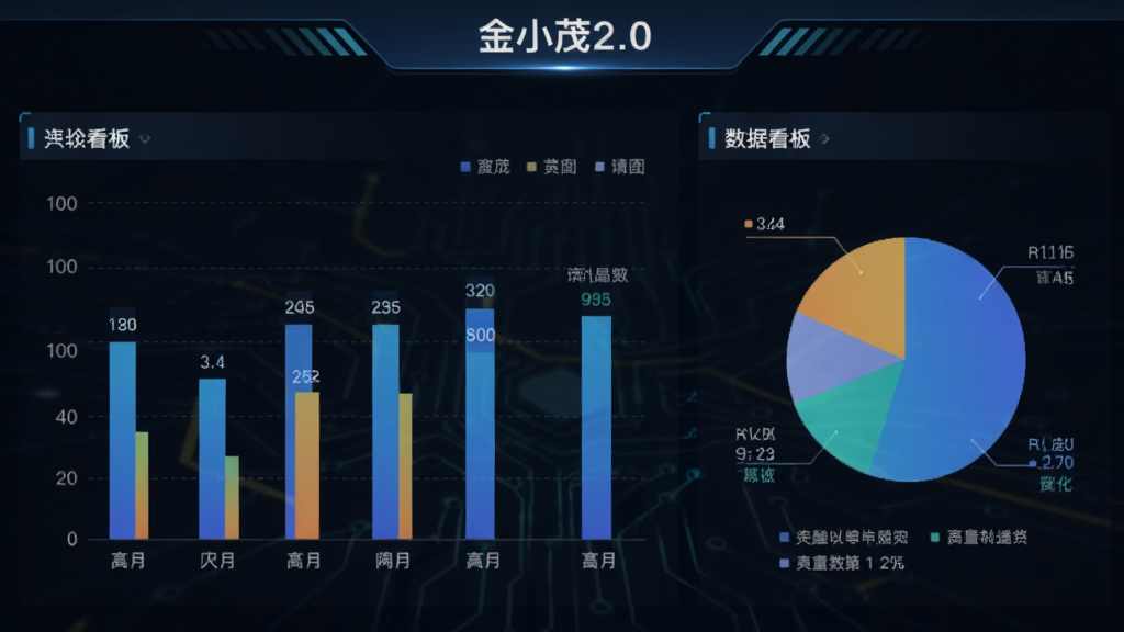 画面展示“金小茂2.0”数据看板界面,包含柱状图与饼图,背景为深色科技风,布局为仪表盘式排版,风格为数据可视化风格,细节包含数值标签与图例,画质清晰,干净,无多余元素。
