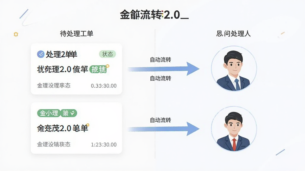 画面展示“金小茂2.0”工单流转示意图,左侧为待处理工单卡片,右侧为处理人图标,箭头连接表示自动流转,布局为左右分栏,风格为简洁商务插画风,细节包含状态标签与时间戳,画质清晰,干净,无多余元素。