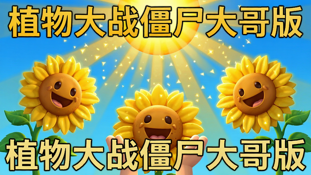 画面主体是巨大的金色阳光从天空中倾泻到向日葵身上,布局为中心对称构图,排版上方是阳光来源下方是收集阳光的双手,风格为明亮卡通渲染,细节包括阳光颗粒发光和向日葵笑脸表情,画质高清干净无多余元素,画面中文字标注