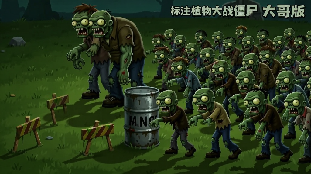 画面主体是一大波僵尸从右侧向左侧草坪推进,布局为横向长卷构图,排版前景是路障僵尸和铁桶僵尸后排是巨人僵尸,风格为暗绿色调略带紧张感,细节包括僵尸破损衣物和地面阴影,画质高清干净无多余元素,画面中文字标注
