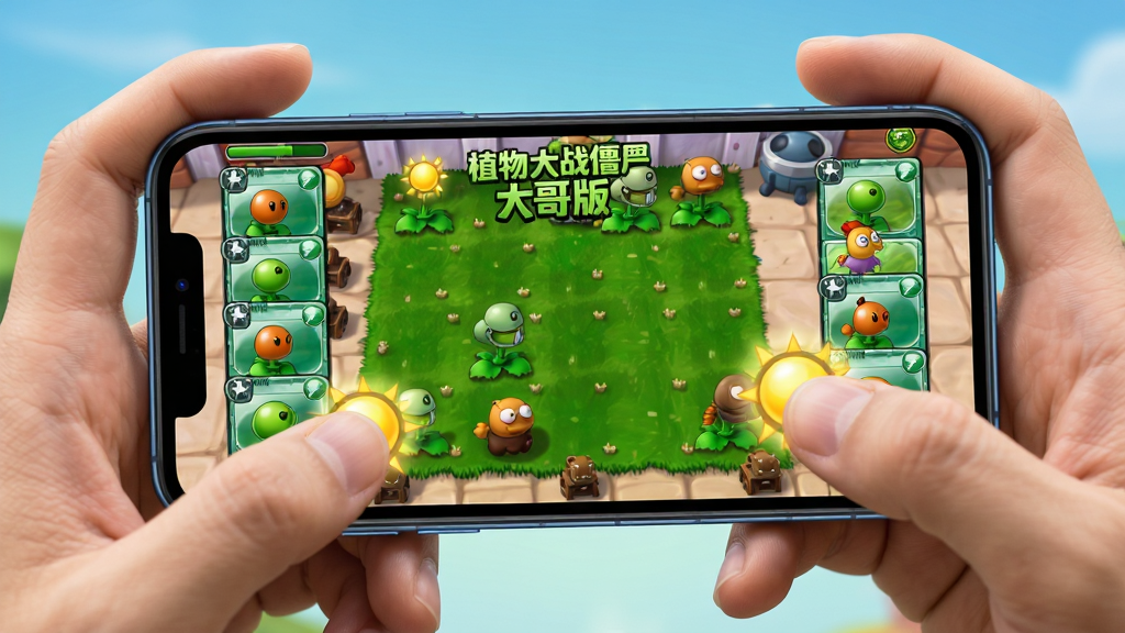 画面主体是双手持手机横屏游玩植物大战僵尸大哥版的场景,布局为第一人称视角,排版屏幕中央是草坪战场两侧是植物卡牌栏,风格为现代科技感与卡通结合,细节包括手机边框和手指触控阳光的动作,画质高清干净无多余元素,画面中文字标注