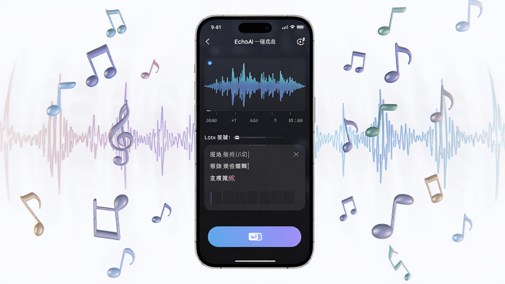 主体是一部智能手机屏幕亮起展示EchoAI一键成曲软件界面,布局为手机居中放置,周围环绕飘浮的音符和声波纹理,排版采用中心对称式构图,风格为现代科技感与音乐艺术融合的3D渲染,细节包括软件界面上的波形图、歌词输入框和生成按钮,画质为4K超清干净无多余元素