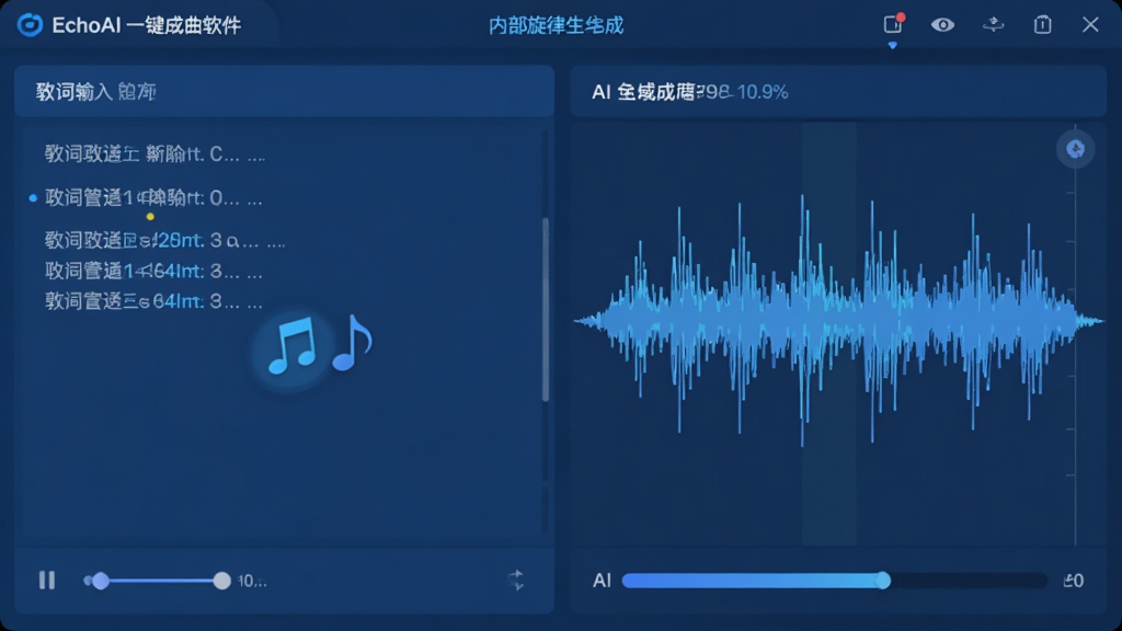 主体是EchoAI一键成曲软件内部旋律生成界面,布局为左侧歌词输入右侧波形可视化,排版采用左右分栏设计,风格为扁平化科技蓝调,细节展示跳动的音符光标和AI生成进度条,画质高清干净无多余元素
