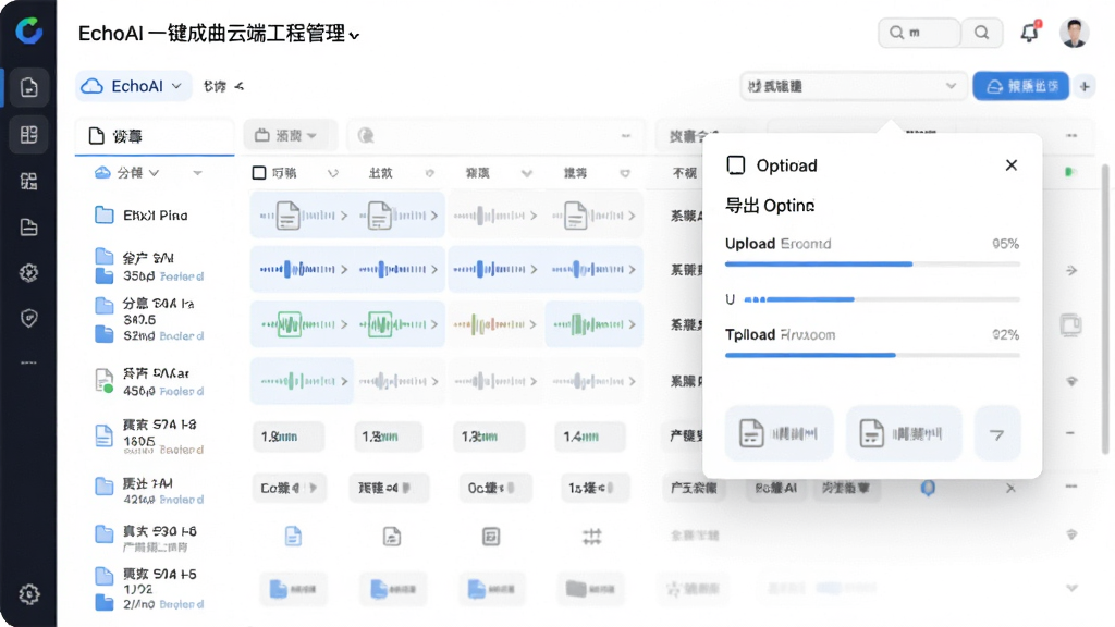 主体是EchoAI一键成曲云端工程管理界面,布局为文件列表与导出选项弹窗,排版简洁清晰,风格为现代云存储应用风格,细节展示分轨文件图标和上传进度条,画质超清干净无多余元素
