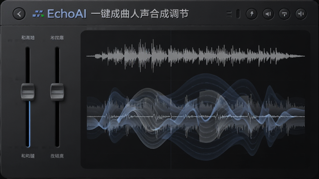 主体是EchoAI一键成曲人声合成调节面板,布局为参数滑块与波形叠加展示,排版采用上下结构,风格为简约录音棚质感,细节展示人声波形与和声波纹重叠效果,画质高清干净无多余元素