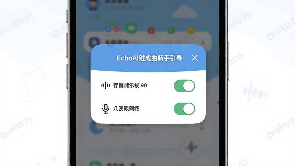 主体是EchoAI一键成曲新手引导界面,布局为手机屏幕展示权限设置弹窗,排版采用居中弹窗式,风格为友好卡通扁平风,细节展示存储权限和麦克风权限的开关按钮,画质高清干净无多余元素