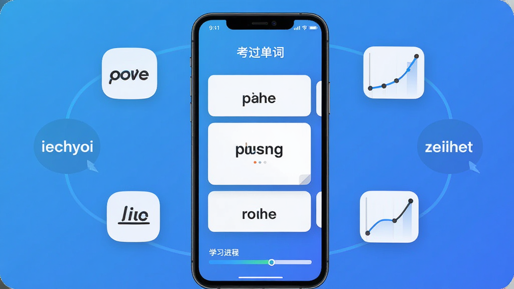 手机屏幕展示“考过单词”APP界面,蓝色渐变背景,单词卡片居中排列,底部有学习进度条,周围环绕英文单词和记忆曲线图标,风格简洁现代,画质清晰干净,无多余元素