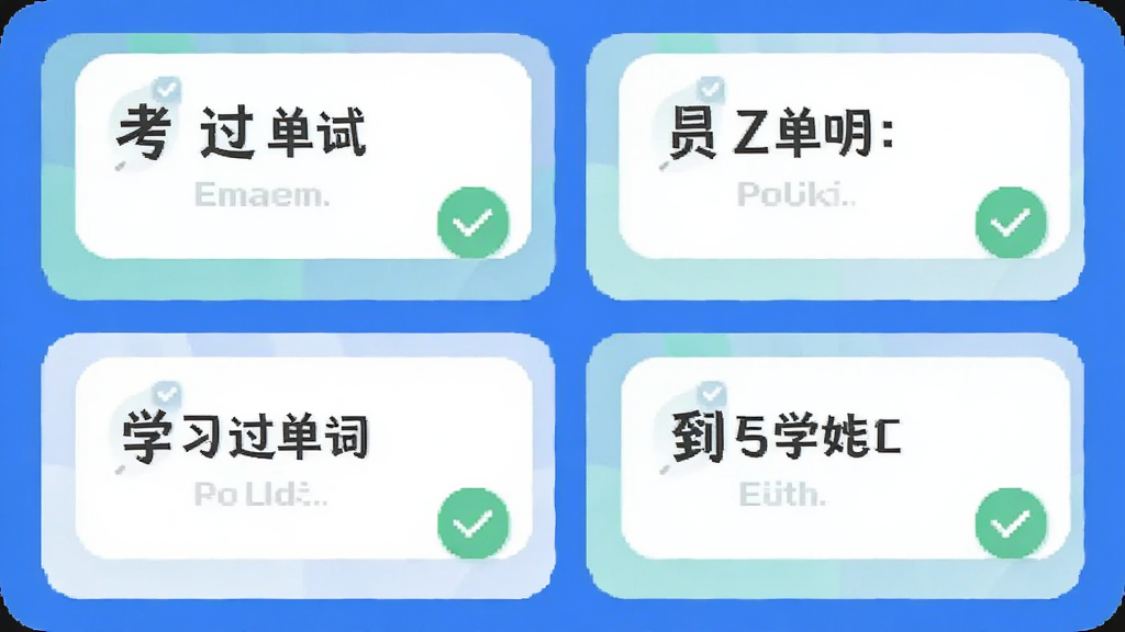 AI生成图片,“考过单词”界面展示四种学习模式图标排列,主体为手机屏幕,布局为网格状,风格清新扁平化,细节有单词卡片与对勾标记,画质清晰干净,无多余元素