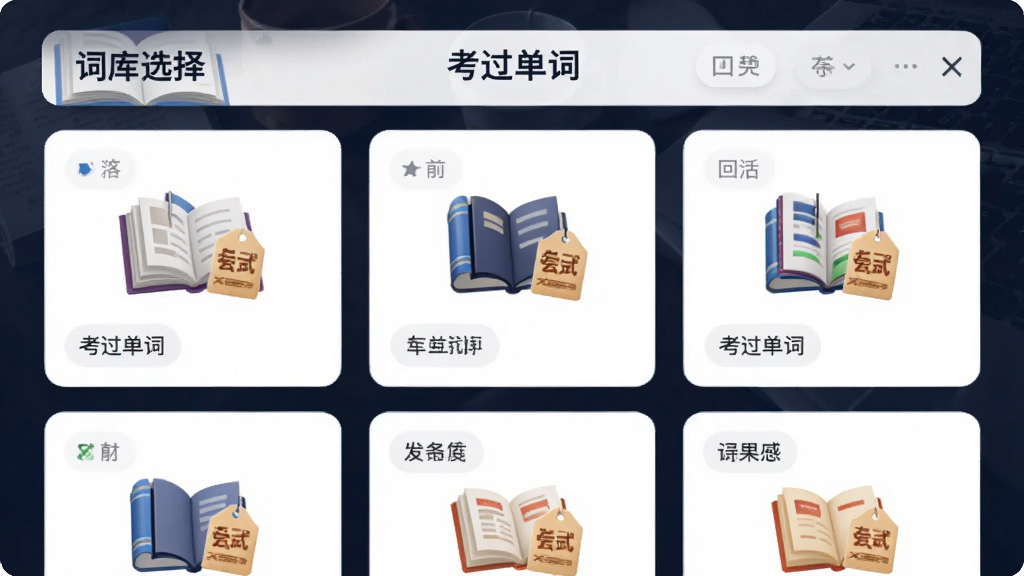 AI生成图片,“考过单词”词库选择页面,主体为分类卡片列表,布局为纵向滚动,风格简约商务,细节有书本与考试标签,画质高清干净,无多余元素